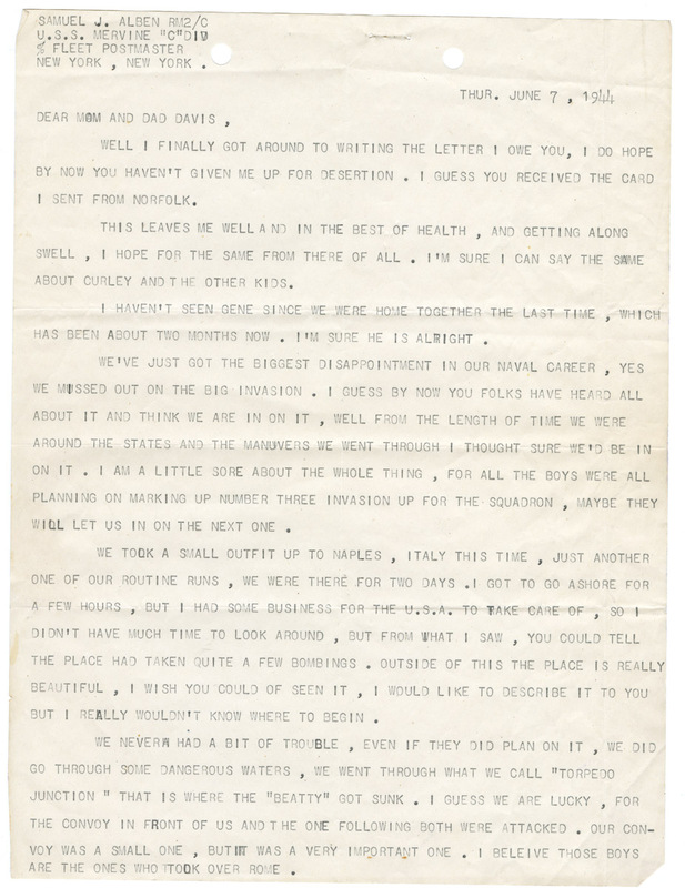 June 7, 1944, letter from Samuel J. Alben to "Mom and Davis"