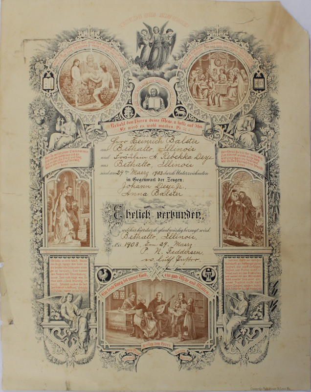 March 29, 1903 Marriage Certificate of John Heinrich Balster and A. Rebekkah Deye, Bethalto, Ilinois