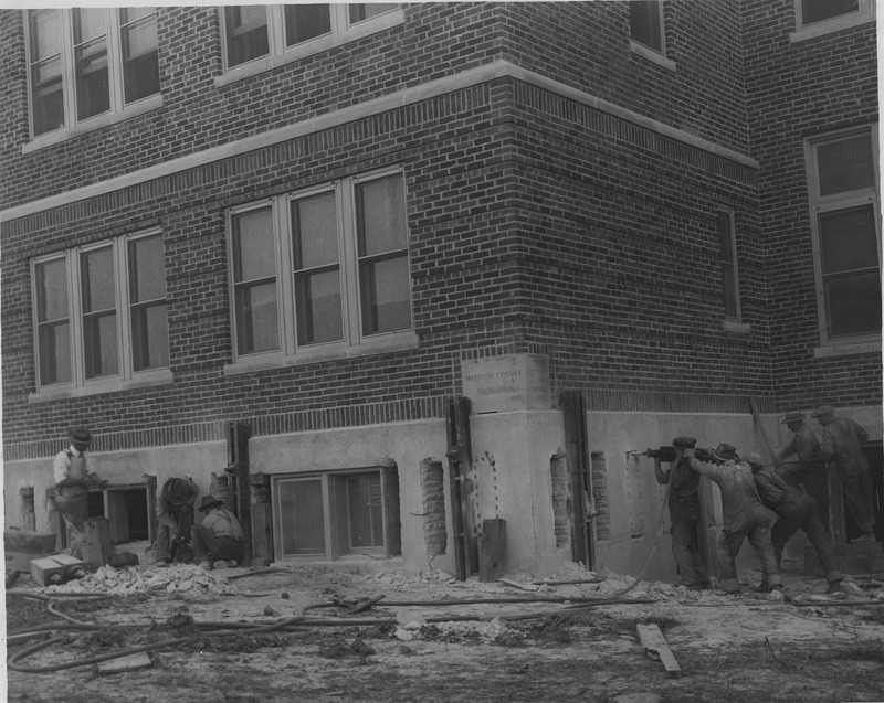 1926  Workers Repairing the North Side of the Madison County Tuberculosis Sanitarium in Edwardsville after Mine Subsidence