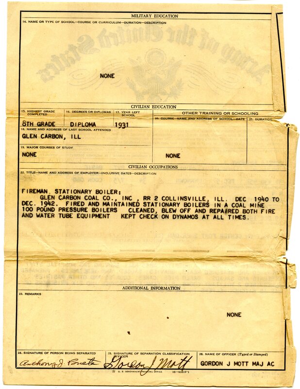1946 U.S. Army Discharge Papers of Glen Carbon Resident Anthony Poneta