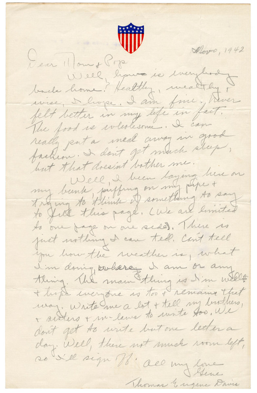 November 1942 Letter from Thomas Eugene Davis to "Mom and Pop"
