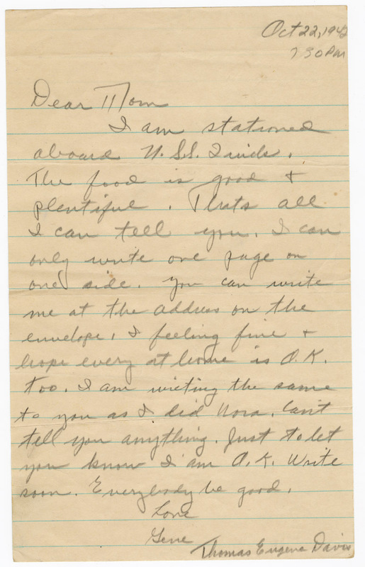 1942 Letter from Thomas Eugene Davis to Mom