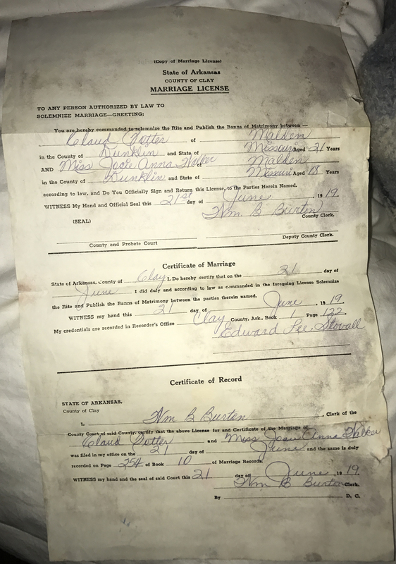 1966 Copy of 1919 Marriage Certificate for Claude D. Potter and Josie Anna Walker
