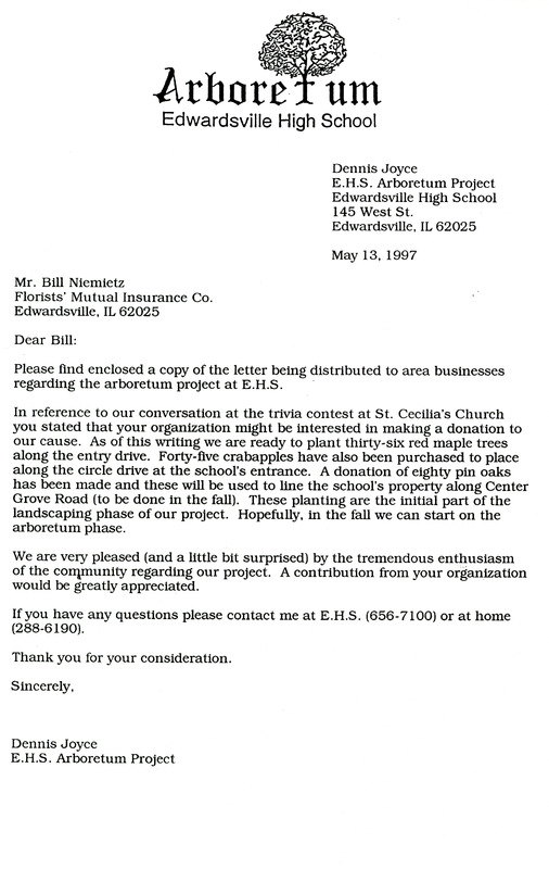 Letter for fundraising for the 1997 Edwardsville High School Arboretum Project 