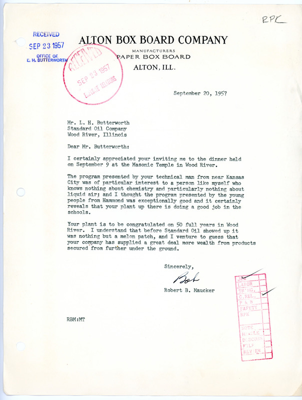 1957 Alton Box Board Company Letter