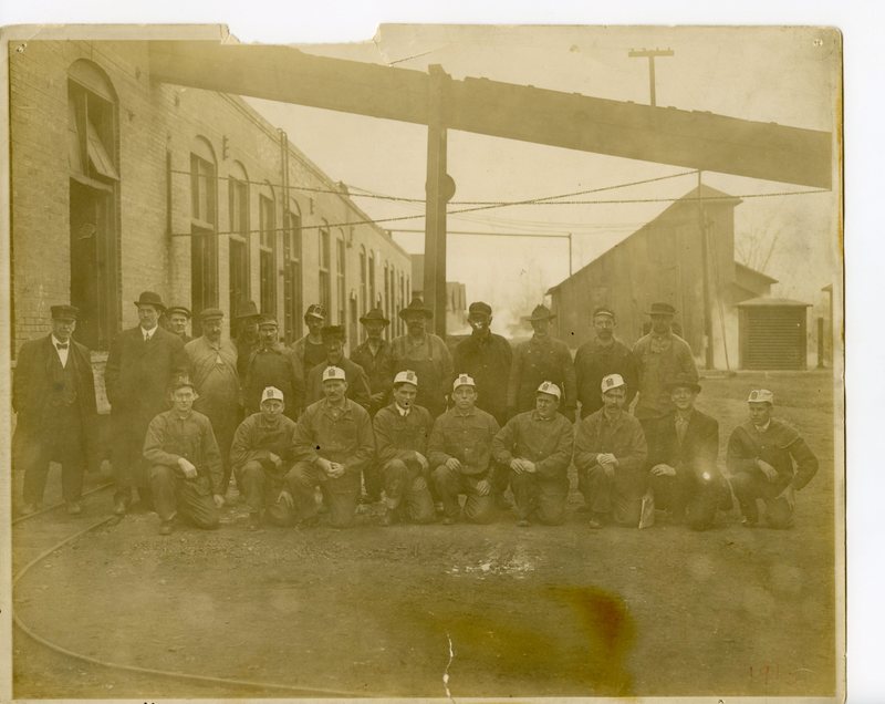 Group of coal miners standing outside the mines in Glen Carbon, Illinois 