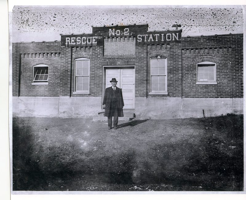 Mr. Daenzer coal mine #2 superintendent standing in front of the first aid station  