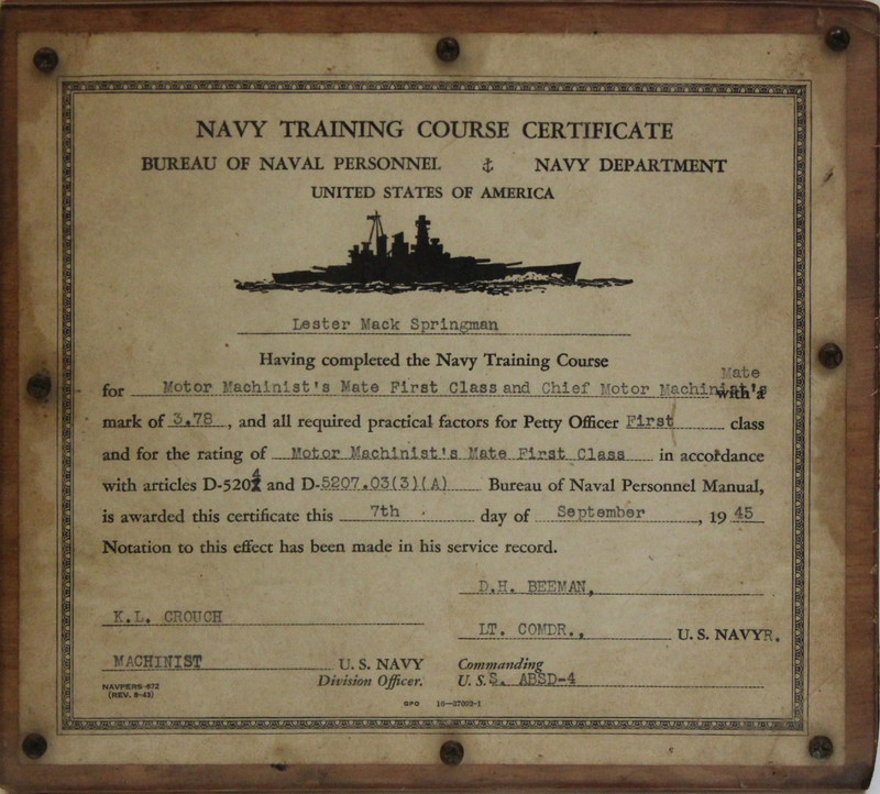 U.S. Navy Training Course Certificate, Awarded to Lester Mack Springman in 1945