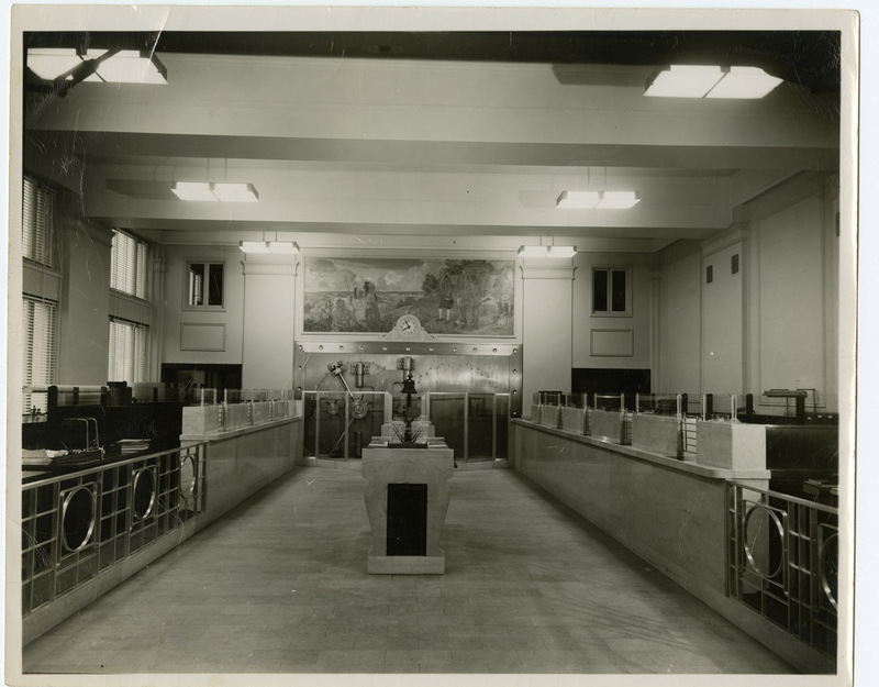 Photograph of Interior of Edwardsville National Bank Showing Kickapoo Indian Treaty Mural