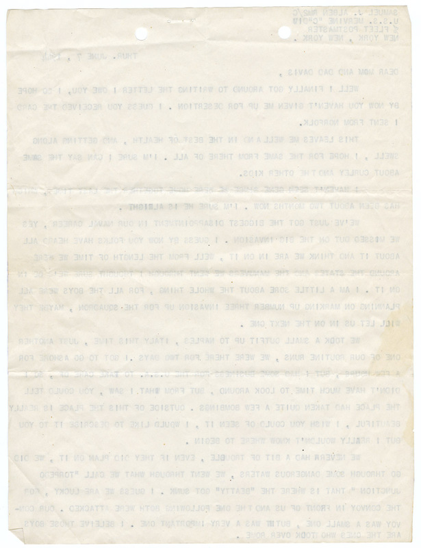 June 7, 1944, letter from Samuel J. Alben to "Mom and Davis"