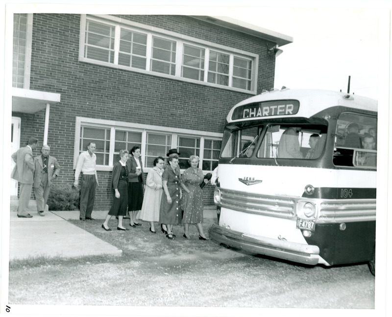 1957 Photograph People getting on Charter Bus for Refinery Tour 