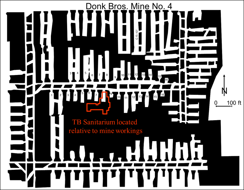 Chart showing the position of the Madison County Tuberculosis Sanitarium in relation to the Donk Brothers Mine No. 4