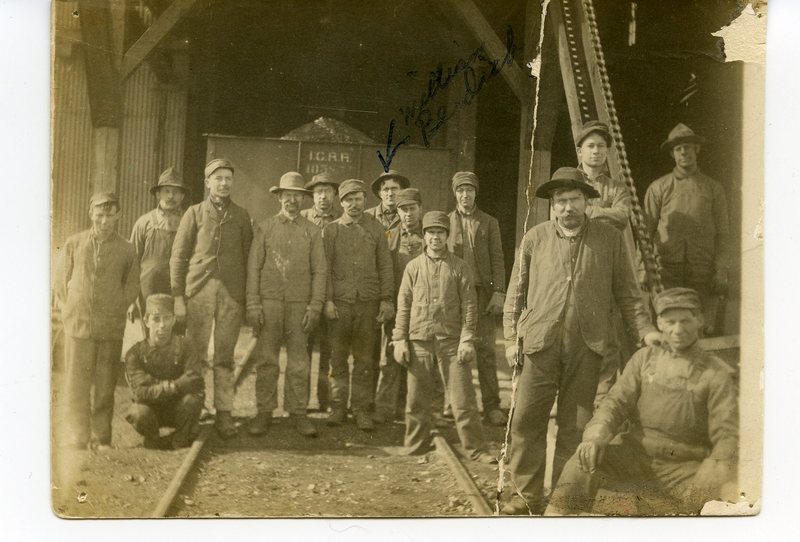 Coal miners in front of the entrance to a mine in Glen Carbon
