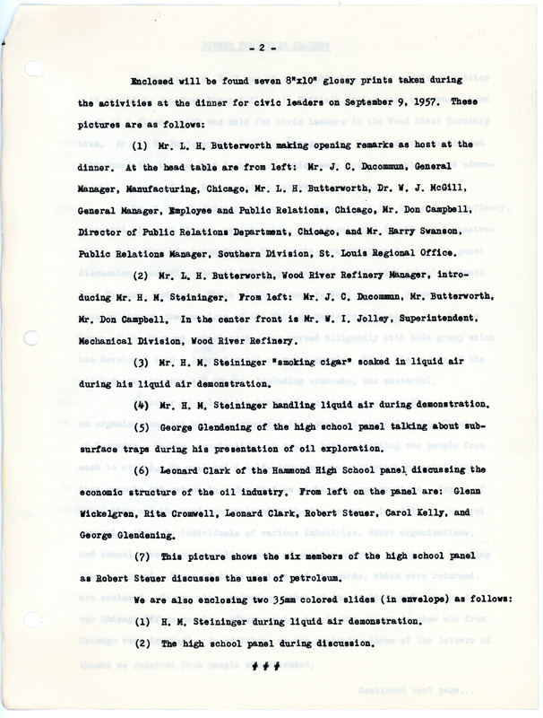 1957 Description of Dinner for Civic Leaders