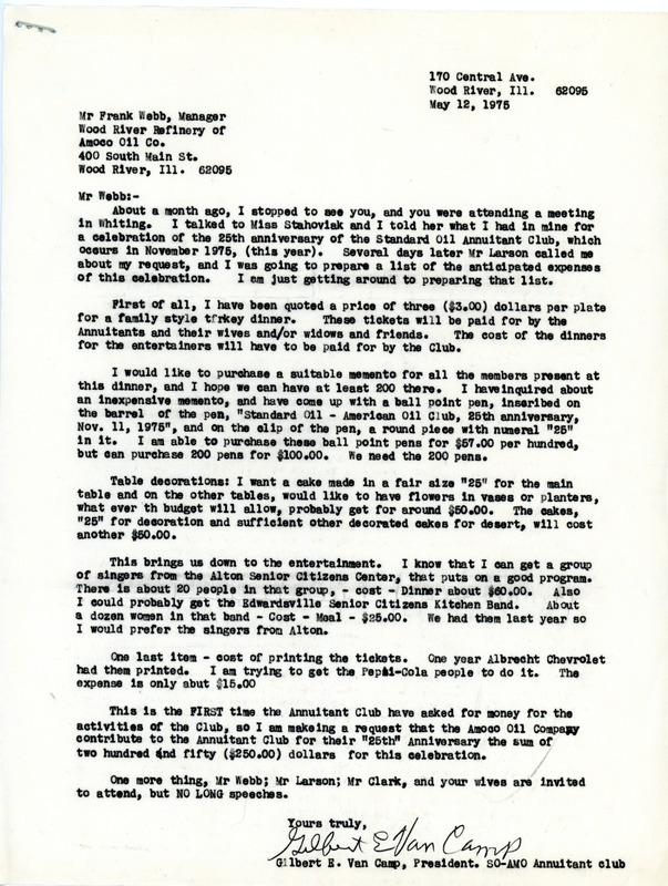 1975 Webb-Van Camp Annuity Club Founding Letter