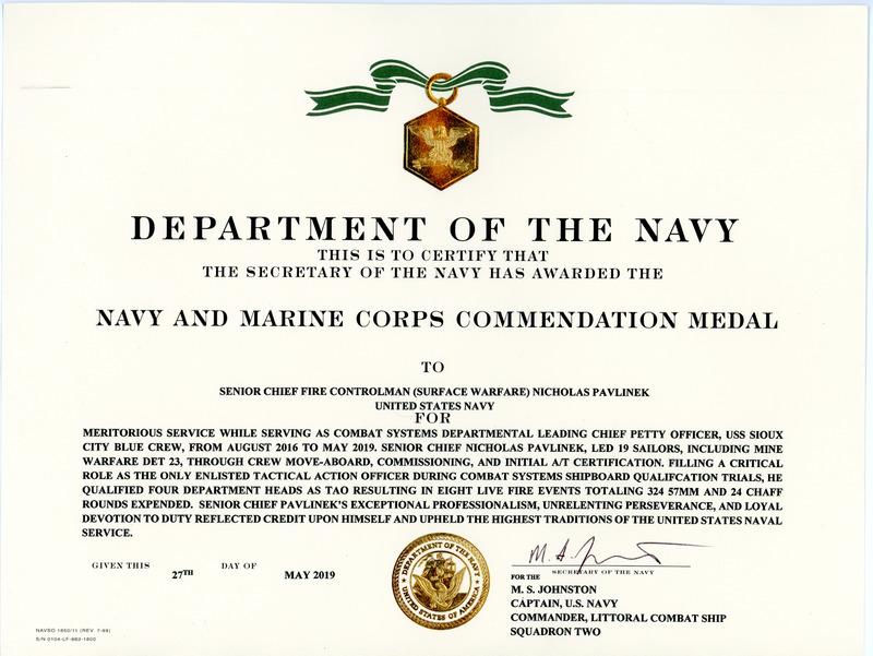 2019 Navy and Marine Corps Commandment Medal to Nicholas Pavlinek