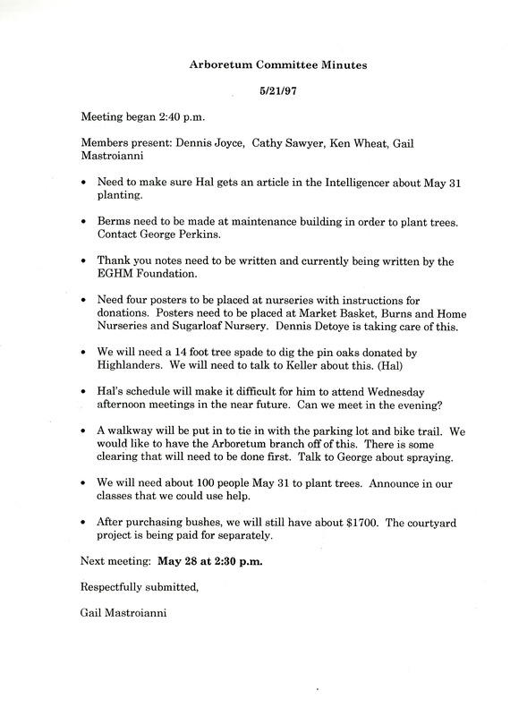 Edwardsville High School Arboretum Committee Minutes May 21, 1997
