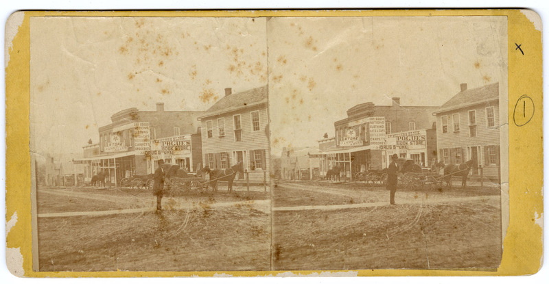 Two Mounted Photographs of a Man on Main street with a Carriage and Stores