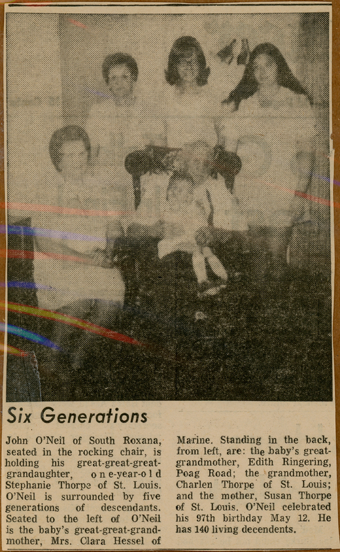 1974 Edwardsville Intelligencer Clipping of Six Generations of the Thorpe Family