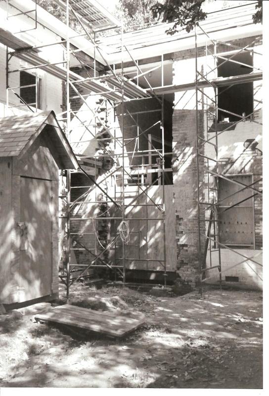 Scaffolding on the back of the Stephenson House during resoration in the early 2000s