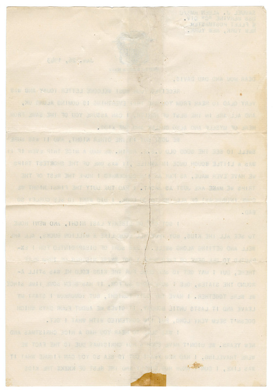 January 26, 1943, Letter from Samuel J. Alben to "Mom and Dad Davis"