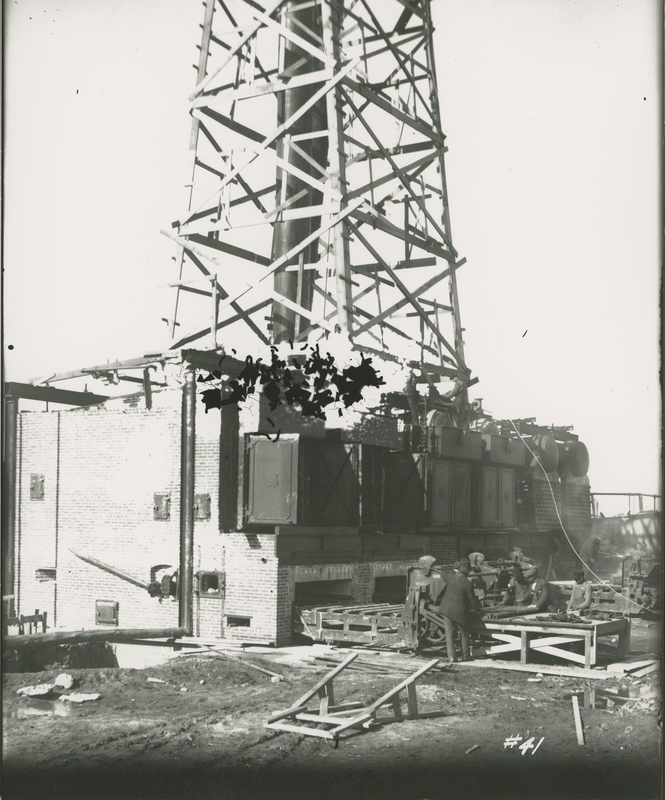 Boiler House Raising Stacks  during the 1917-1918 Construction of the Wood River Refinery