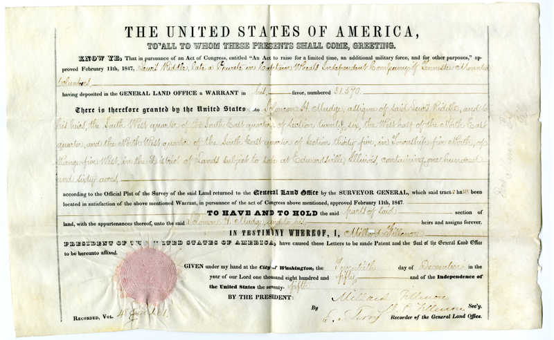 Certificate for Solomon Mudge to raise “additional military force” on February 11, 1847 from the United States government