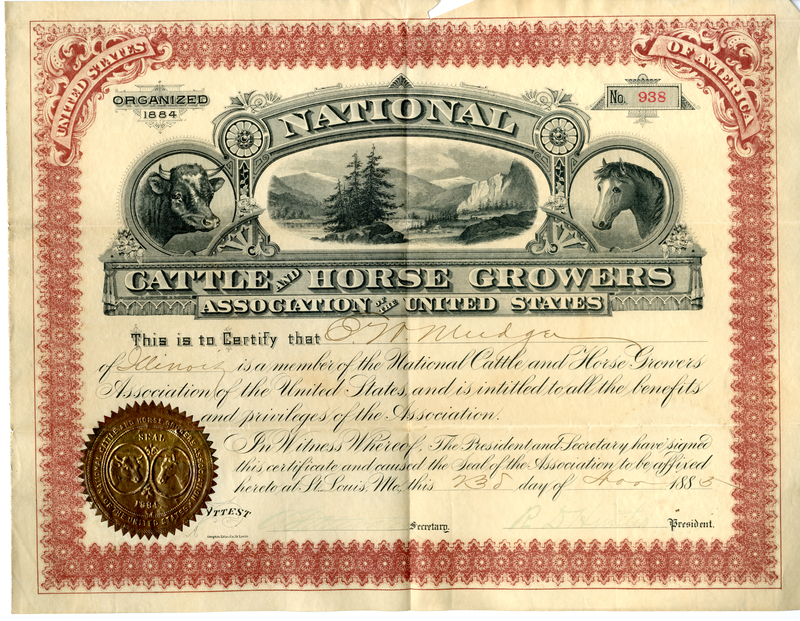 1886 Certificate of Membership to the Cattle and Horse Growers Association of the United States