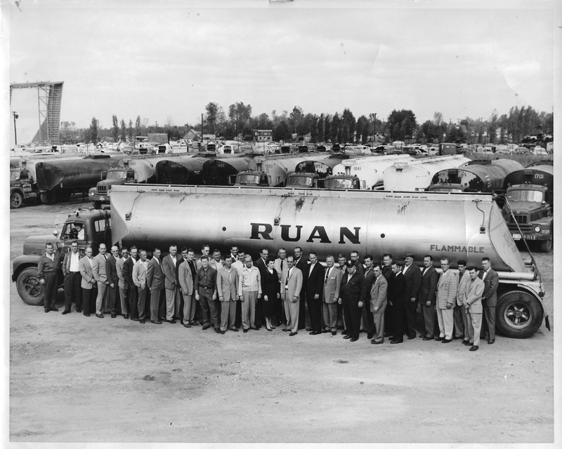 Ruan Trucking Company Drivers, Employees, and Trucks at Wood River Company Terminal in the 1950s