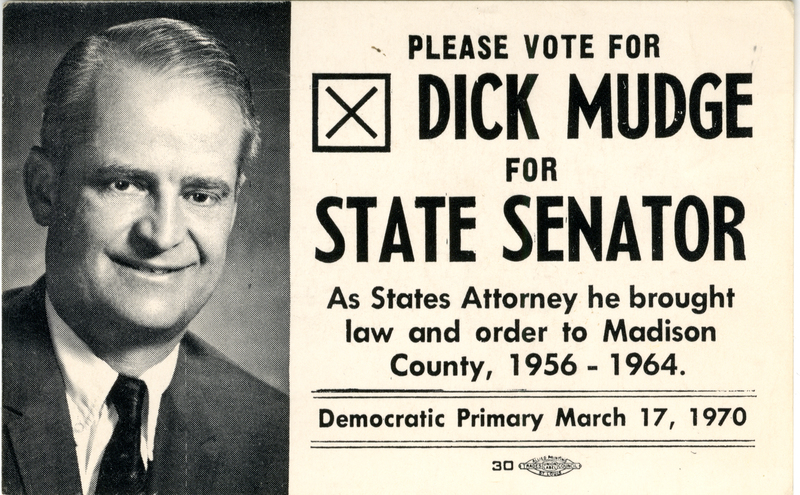 Political Business Card for Dick Mudge for the 1970 Democratic Primary State Senator Campaign