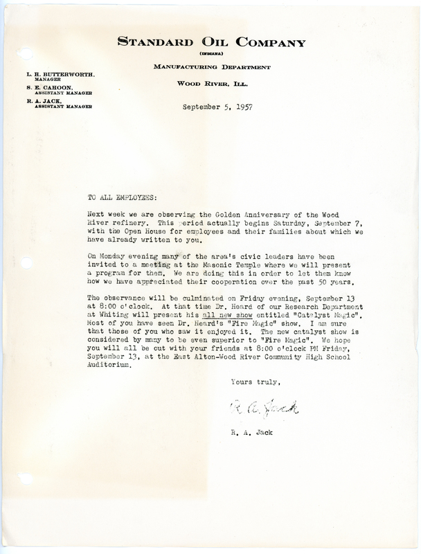 1957 Standard Oil Golden Anniversary Letter for the Magic Show "Catalyst Magic" 