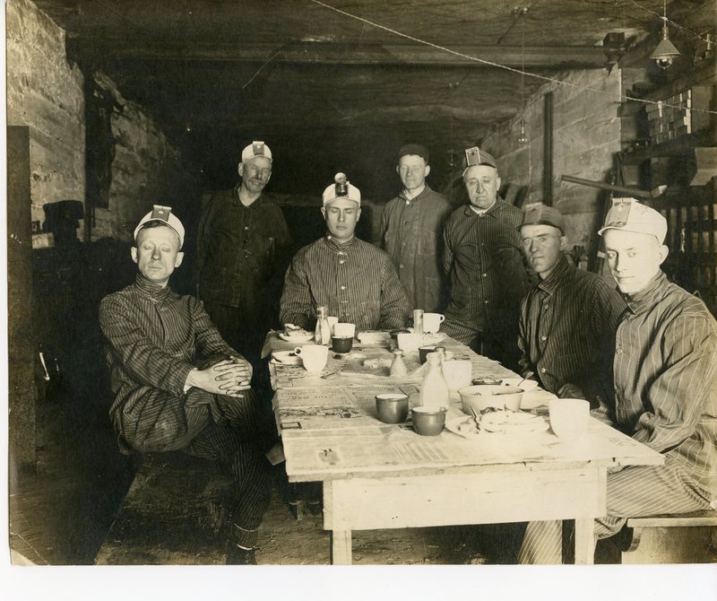 Coal miners eating a meal inside the mines in Glen Carbon, Illinois