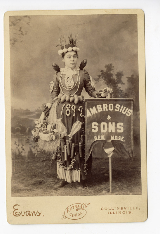 1892 Photograph of Woman with Birds and Potatoes Holding "Ambrosius & Sons" Sign