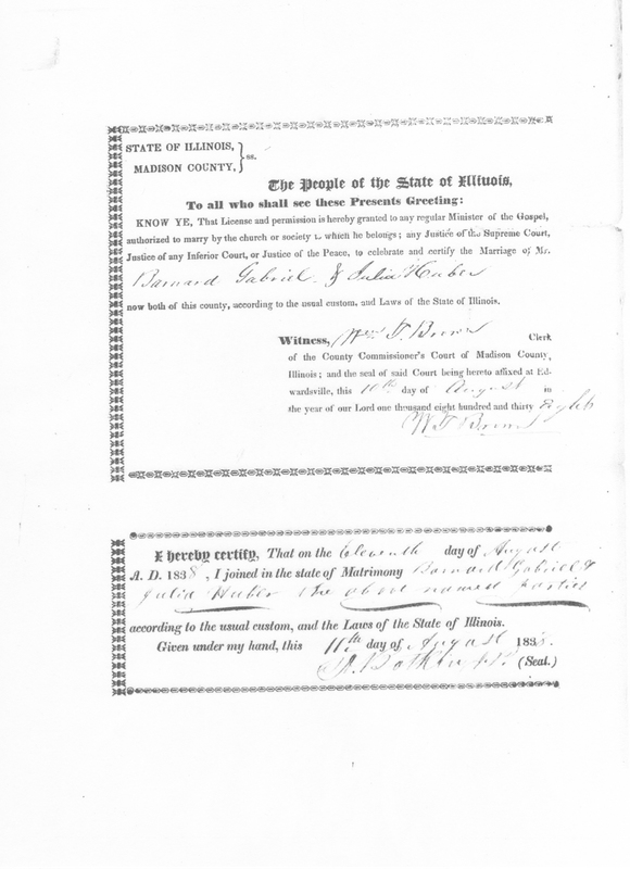 1838 Marriage Certificate for Barnard Gabriel and Julia Huber