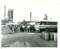1957 Open House Group in front Of Charter Bus man with Megaphone and Hardhat giving Tour 