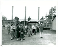 1957 Standard Oil Refinery Open House Group in front of Charter Bus Man with Megaphone and Hardhat Giving Tour 