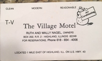 Business Card for the Village Motel in Highland, Illinois