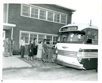 1957 Photograph People getting on Charter Bus for Refinery Tour 