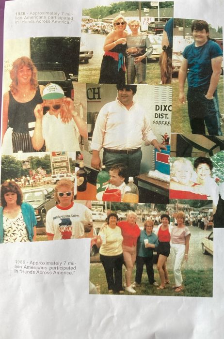 A collage of color photos from the 1980s showing people standing and posing at an event.